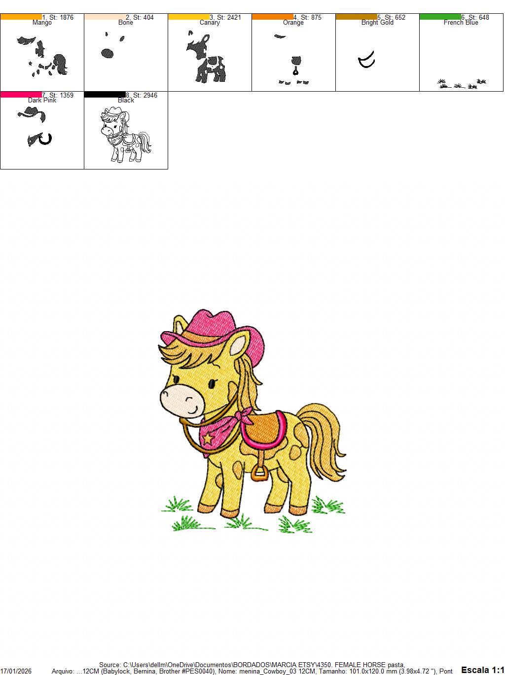 Horse embroidery design - Farm Pony with cowboy hat machine embroidery pattern - Baby Girl Cowgirl horse - Instant digital download pes jef