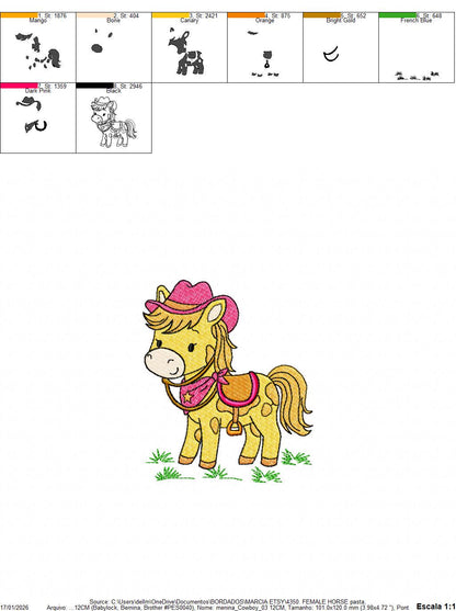 Horse embroidery design - Farm Pony with cowboy hat machine embroidery pattern - Baby Girl Cowgirl horse - Instant digital download pes jef