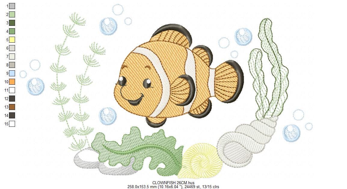 Clown Fish embroidery designs - Ocean animals machine pattern - Orange Fish with shells bubbles and algae - Instant download pes jef dst hus