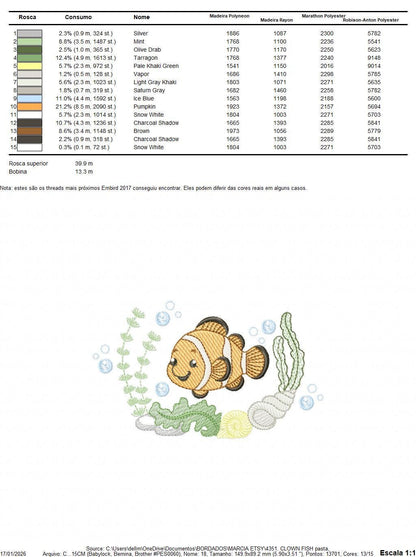 Clown Fish embroidery designs - Ocean animals machine pattern - Orange Fish with shells bubbles and algae - Instant download pes jef dst hus