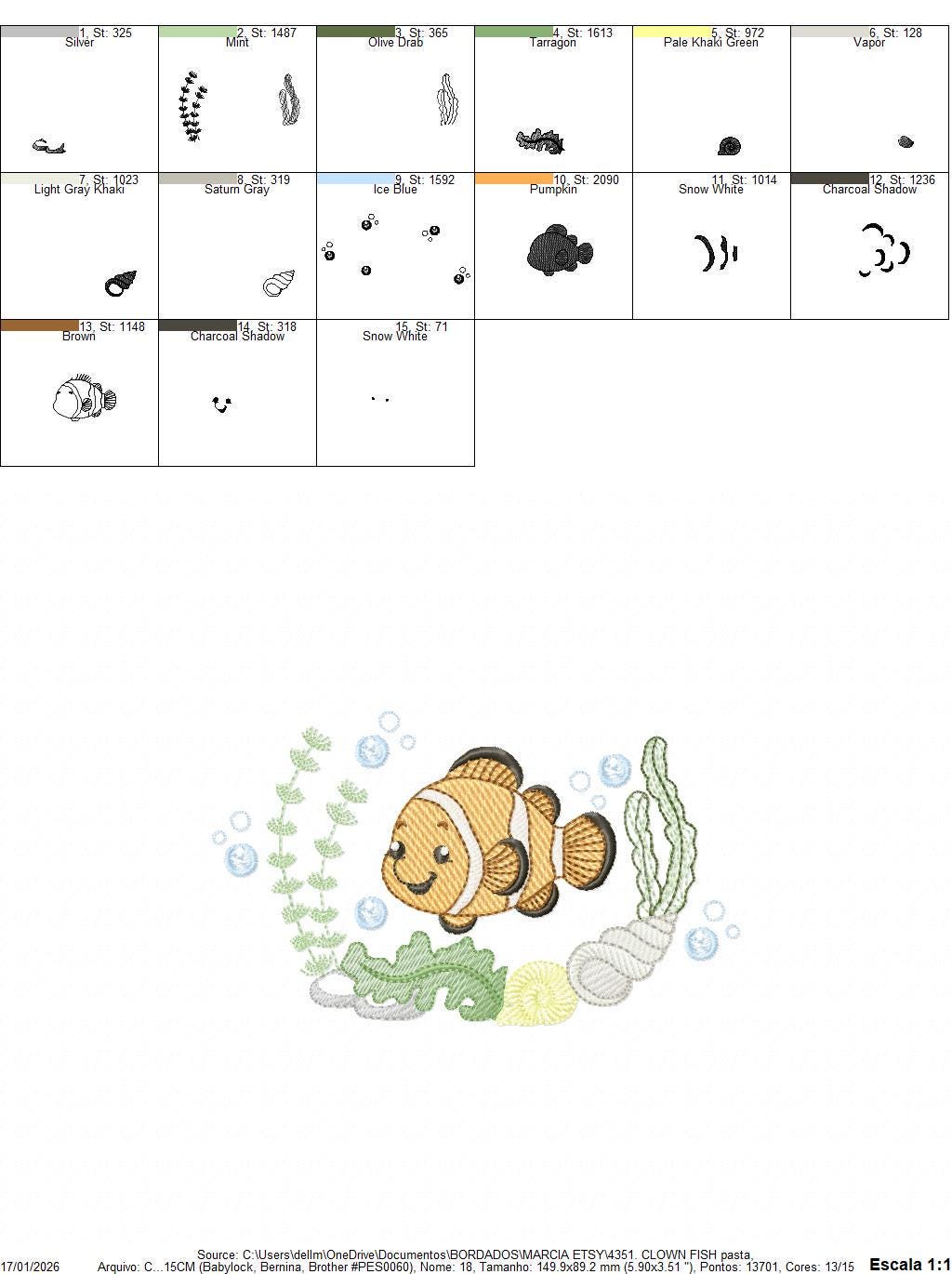 Clown Fish embroidery designs - Ocean animals machine pattern - Orange Fish with shells bubbles and algae - Instant download pes jef dst hus
