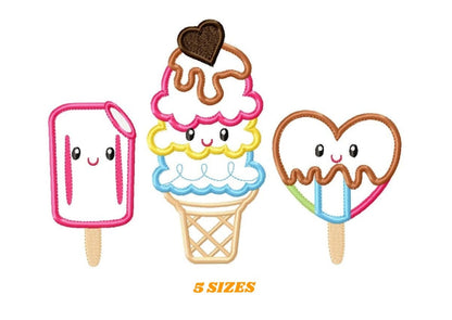 May include: Three cartoon ice cream treats: a pink and white popsicle, a three-scoop ice cream cone with chocolate sauce, and a heart-shaped popsicle with chocolate drizzle.