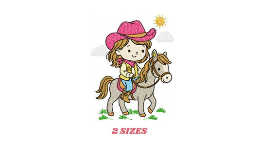 Cowgirl embroidery design - Baby girl with cowboy hat machine embroidery pattern - Girl with horse file - Instant digital download pes jef