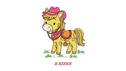 Horse embroidery design - Farm Pony with cowboy hat machine embroidery pattern - Baby Girl Cowgirl horse - Instant digital download pes jef