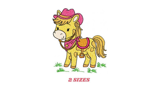 Horse embroidery design - Farm Pony with cowboy hat machine embroidery pattern - Baby Girl Cowgirl horse - Instant digital download pes jef