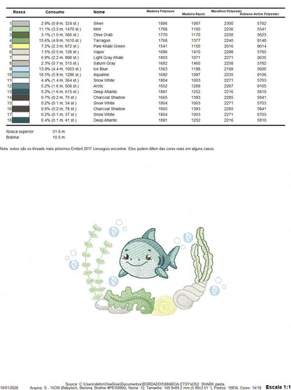 Shark embroidery designs - Ocean animals machine pattern - Shark with shells bubbles and algae frame - Instant download pes jef dst hus vp3