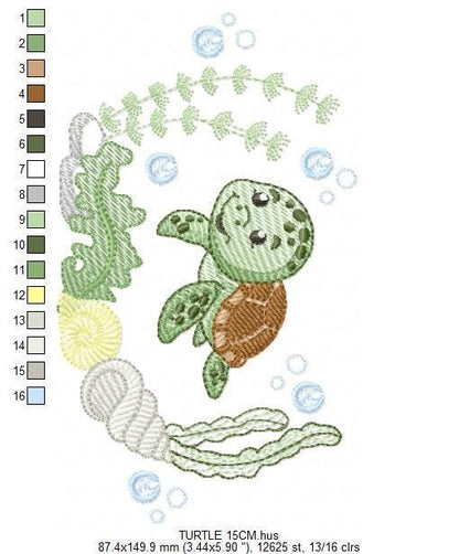 Turtle embroidery designs - Ocean animals machine pattern - Turtle with shells bubbles and algae frame - Instant download pes jef dst hus