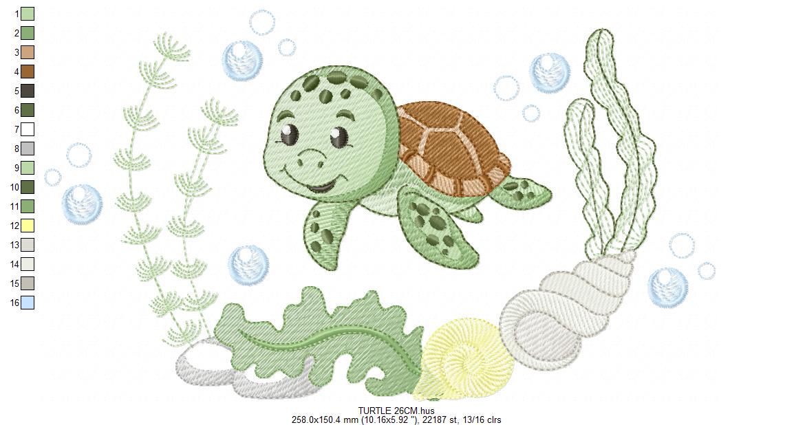 Turtle embroidery designs - Ocean animals machine pattern - Turtle with shells bubbles and algae frame - Instant download pes jef dst hus