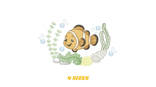 Clown Fish embroidery designs - Ocean animals machine pattern - Orange Fish with shells bubbles and algae - Instant download pes jef dst hus