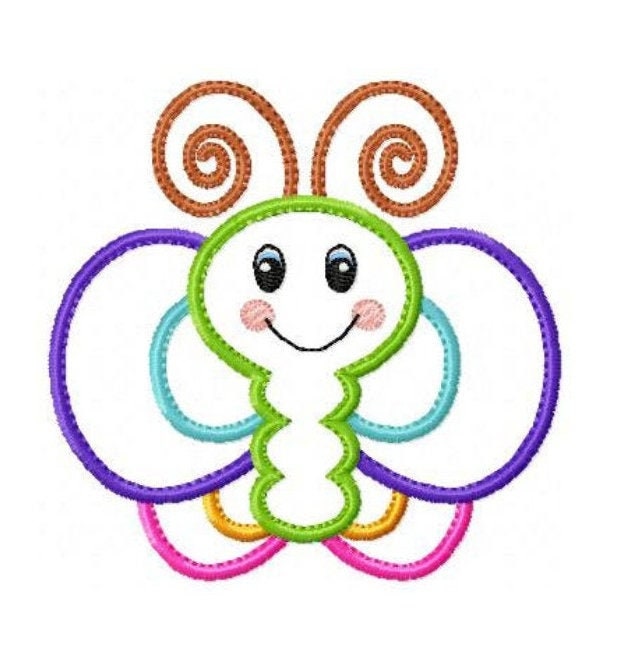 May include: A colorful embroidered butterfly with a smiling face, brown antennae, and a white body. The butterfly's wings are outlined in purple, blue, green, yellow, and pink.