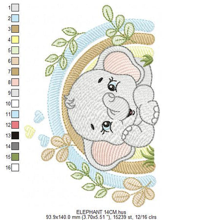 Elephant embroidery designs - Safari Wild Animal machine embroidery pattern - Baby Boy file - Flowers and rainbow - Instant digital download