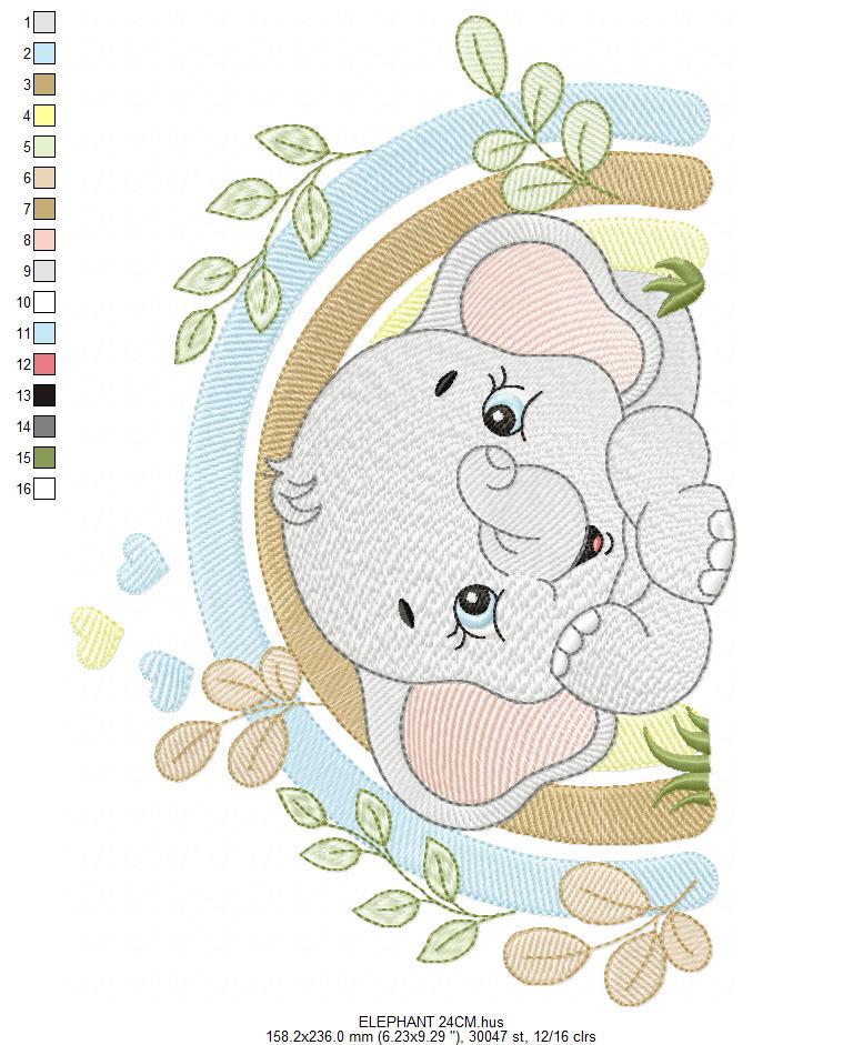 Elephant embroidery designs - Safari Wild Animal machine embroidery pattern - Baby Boy file - Flowers and rainbow - Instant digital download