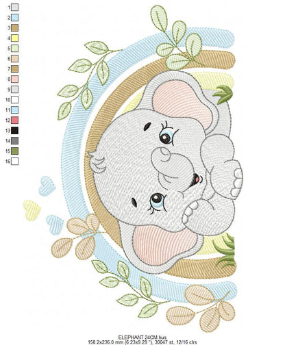 Elephant embroidery designs - Safari Wild Animal machine embroidery pattern - Baby Boy file - Flowers and rainbow - Instant digital download