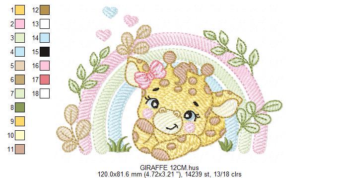 Giraffe with rainbow embroidery design - Female Wild Animal machine embroidery pattern - Baby girl file - Instant download pes jef dst hus