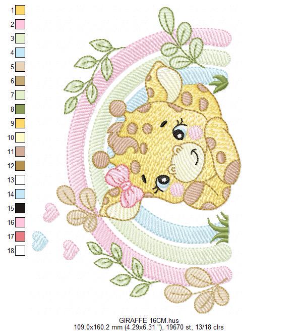 Giraffe with rainbow embroidery design - Female Wild Animal machine embroidery pattern - Baby girl file - Instant download pes jef dst hus