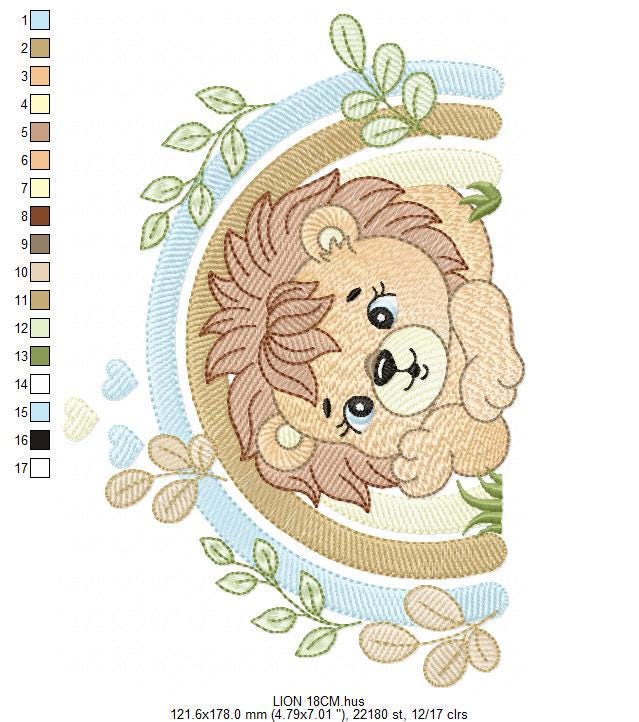 Lion embroidery designs - Safari wild animal machine embroidery pattern - Baby boy file - Rainbow and flowers - Instant digital download pes