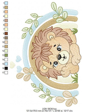 Lion embroidery designs - Safari wild animal machine embroidery pattern - Baby boy file - Rainbow and flowers - Instant digital download pes