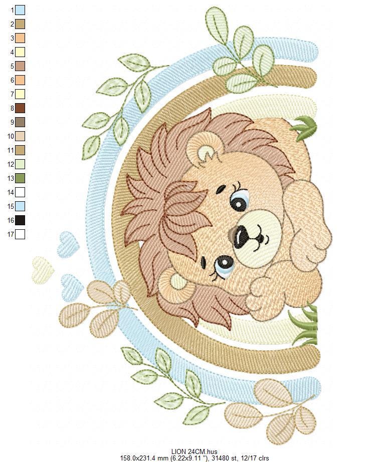 Lion embroidery designs - Safari wild animal machine embroidery pattern - Baby boy file - Rainbow and flowers - Instant digital download pes