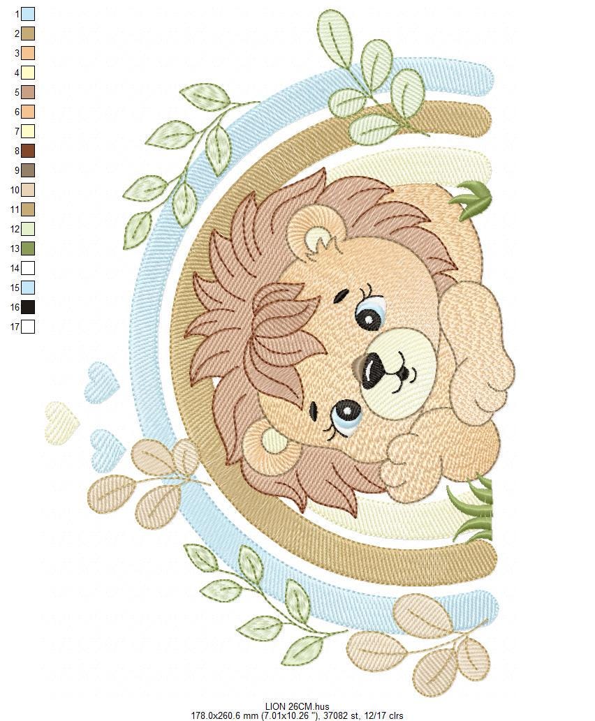 Lion embroidery designs - Safari wild animal machine embroidery pattern - Baby boy file - Rainbow and flowers - Instant digital download pes