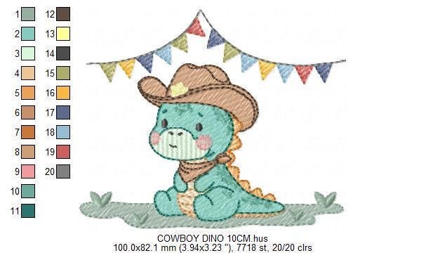 Dinosaur with cowboy hat embroidery designs - Birthday Party Dino with flags machine embroidery pattern - Baby Boy file - Instant download