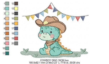 Dinosaur with cowboy hat embroidery designs - Birthday Party Dino with flags machine embroidery pattern - Baby Boy file - Instant download