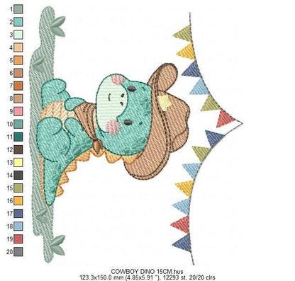 Dinosaur with cowboy hat embroidery designs - Birthday Party Dino with flags machine embroidery pattern - Baby Boy file - Instant download