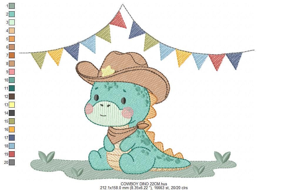 Dinosaur with cowboy hat embroidery designs - Birthday Party Dino with flags machine embroidery pattern - Baby Boy file - Instant download