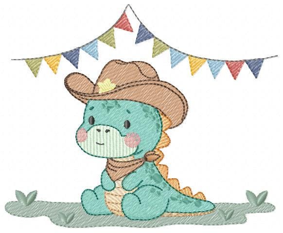 Dinosaur with cowboy hat embroidery designs - Birthday Party Dino with flags machine embroidery pattern - Baby Boy file - Instant download