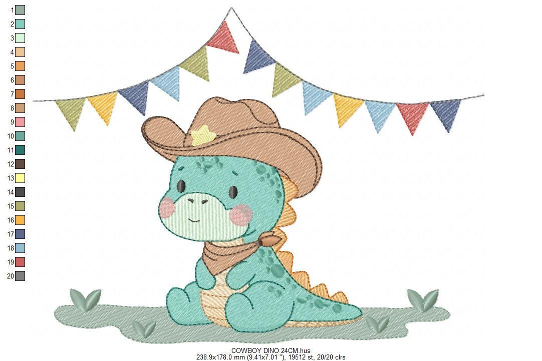 Dinosaur with cowboy hat embroidery designs - Birthday Party Dino with flags machine embroidery pattern - Baby Boy file - Instant download