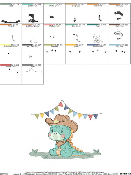Dinosaur with cowboy hat embroidery designs - Birthday Party Dino with flags machine embroidery pattern - Baby Boy file - Instant download