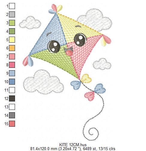 Colorful Kite embroidery designs - Baby Boy Toy machine embroidery pattern - Sunning sky flying clouds - Instant digital download pes jef
