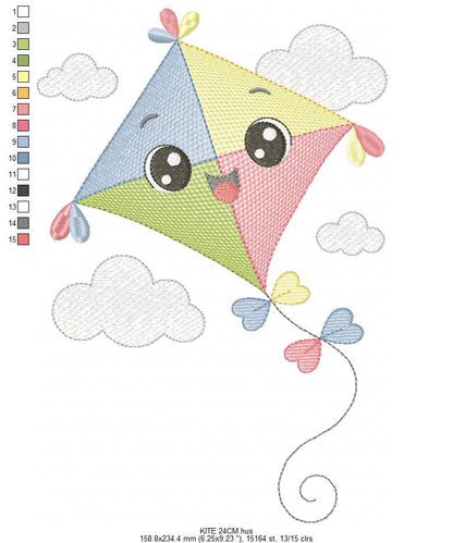 Colorful Kite embroidery designs - Baby Boy Toy machine embroidery pattern - Sunning sky flying clouds - Instant digital download pes jef