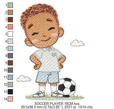 Soccer player embroidery designs - Baby Boy with Black curly hair machine embroidery file - Boy with soccer ball - Instant digital download