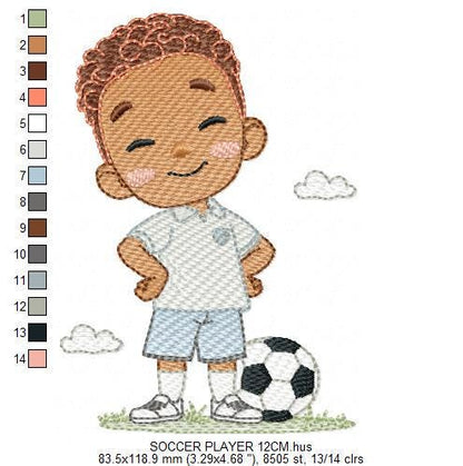 Soccer player embroidery designs - Baby Boy with Black curly hair machine embroidery file - Boy with soccer ball - Instant digital download