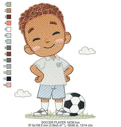 Soccer player embroidery designs - Baby Boy with Black curly hair machine embroidery file - Boy with soccer ball - Instant digital download