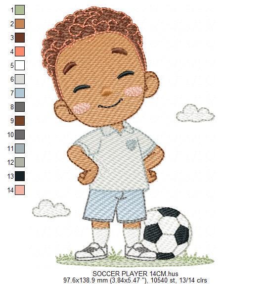 Soccer player embroidery designs - Baby Boy with Black curly hair machine embroidery file - Boy with soccer ball - Instant digital download