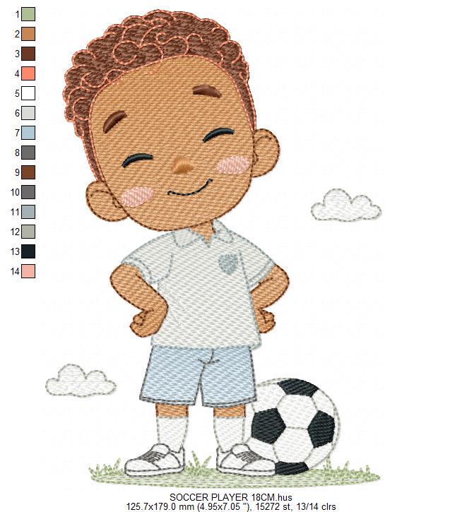 Soccer player embroidery designs - Baby Boy with Black curly hair machine embroidery file - Boy with soccer ball - Instant digital download