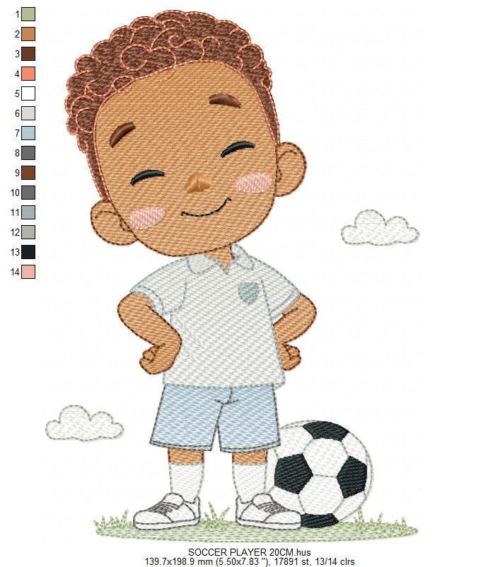Soccer player embroidery designs - Baby Boy with Black curly hair machine embroidery file - Boy with soccer ball - Instant digital download