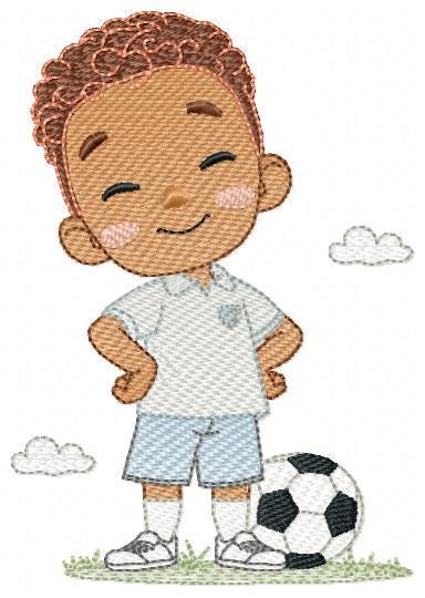 Soccer player embroidery designs - Baby Boy with Black curly hair machine embroidery file - Boy with soccer ball - Instant digital download