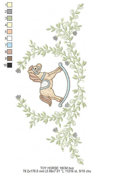 Toy Horse embroidery design - Baby boy rocking horse laurel frame machine embroidery pattern - Instant digital download pes jef hus dst vp3
