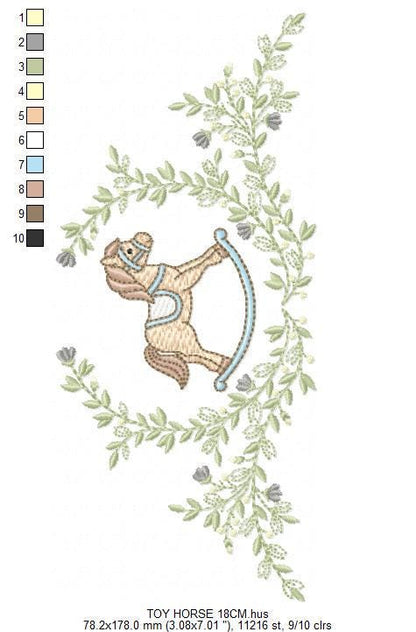Toy Horse embroidery design - Baby boy rocking horse laurel frame machine embroidery pattern - Instant digital download pes jef hus dst vp3