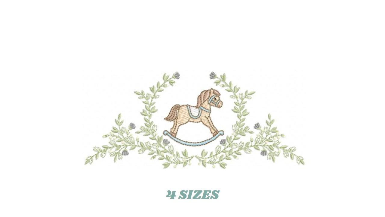 Toy Horse embroidery design - Baby boy rocking horse laurel frame machine embroidery pattern - Instant digital download pes jef hus dst vp3