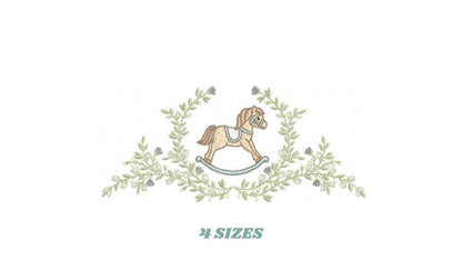 Toy Horse embroidery design - Baby boy rocking horse laurel frame machine embroidery pattern - Instant digital download pes jef hus dst vp3