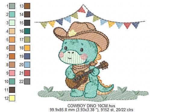 Dinosaur with cowboy hat embroidery designs - Dino with flags playing guitar machine embroidery pattern - Baby Boy file - Instant download