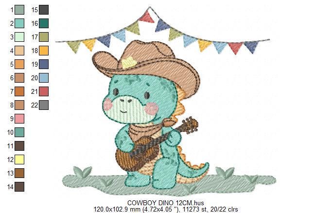 Dinosaur with cowboy hat embroidery designs - Dino with flags playing guitar machine embroidery pattern - Baby Boy file - Instant download
