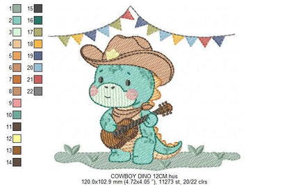 Dinosaur with cowboy hat embroidery designs - Dino with flags playing guitar machine embroidery pattern - Baby Boy file - Instant download