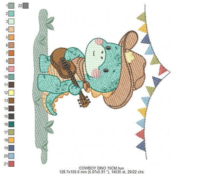 Dinosaur with cowboy hat embroidery designs - Dino with flags playing guitar machine embroidery pattern - Baby Boy file - Instant download