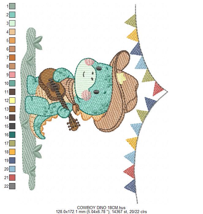 Dinosaur with cowboy hat embroidery designs - Dino with flags playing guitar machine embroidery pattern - Baby Boy file - Instant download