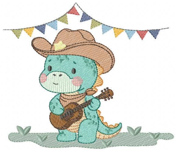 Dinosaur with cowboy hat embroidery designs - Dino with flags playing guitar machine embroidery pattern - Baby Boy file - Instant download