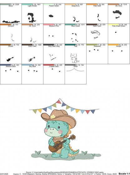 Dinosaur with cowboy hat embroidery designs - Dino with flags playing guitar machine embroidery pattern - Baby Boy file - Instant download